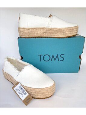 TOMS Valencia Platforms Espadrille White Canvas Women Size 8